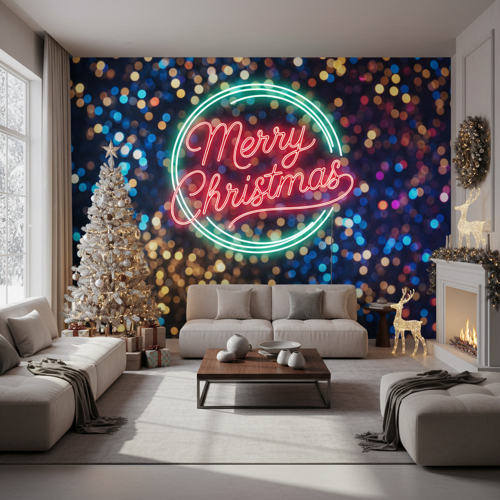 潮流圣诞霓虹灯牌场景:“Merry Christmas”霓虹字与彩色散景。