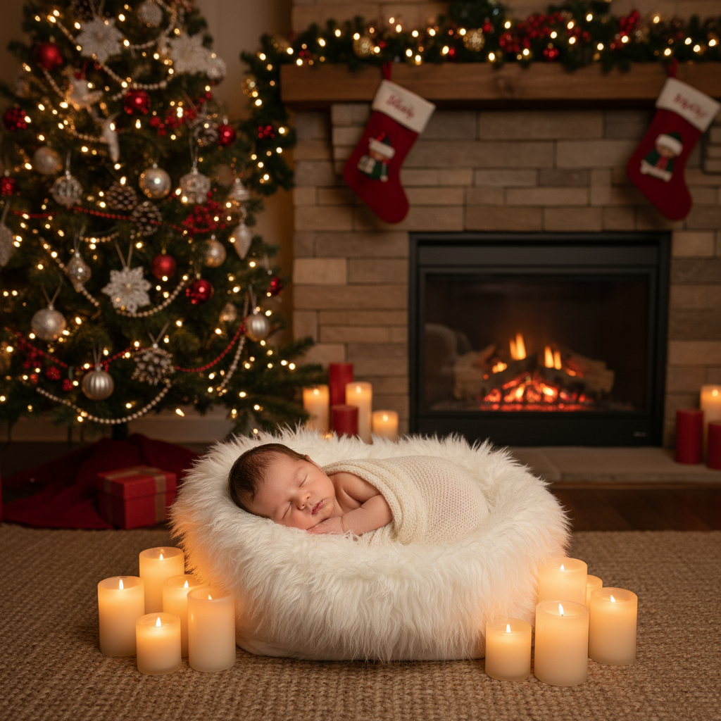 A warm baby Christmas portrait by a cozy fireplace.