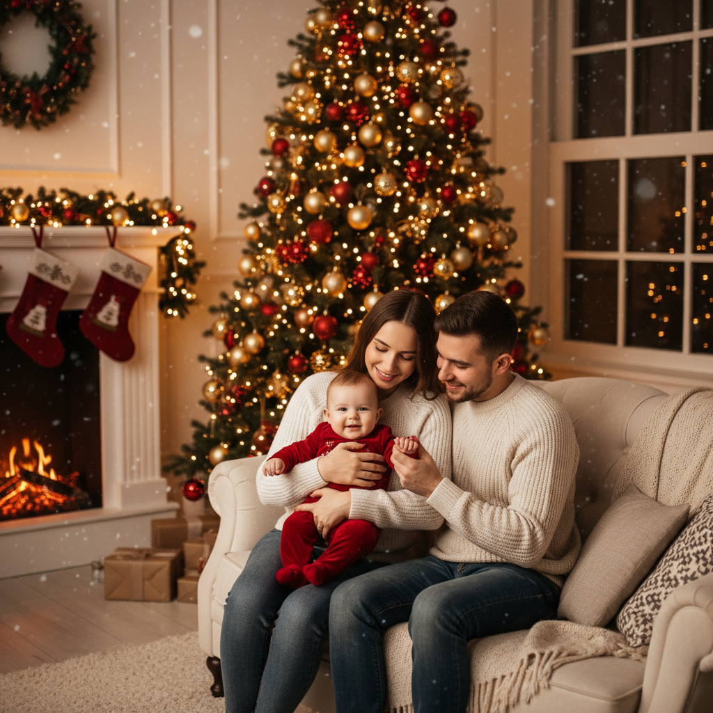 A gentle family Christmas photo featuring a baby (safe and cozy).