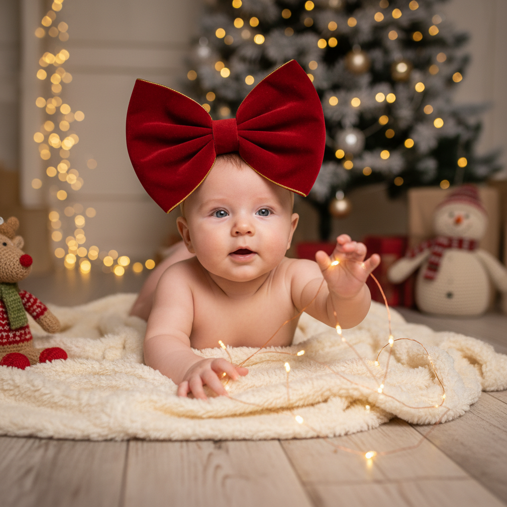A cute baby portrait with a soft gift bow and warm holiday lights.