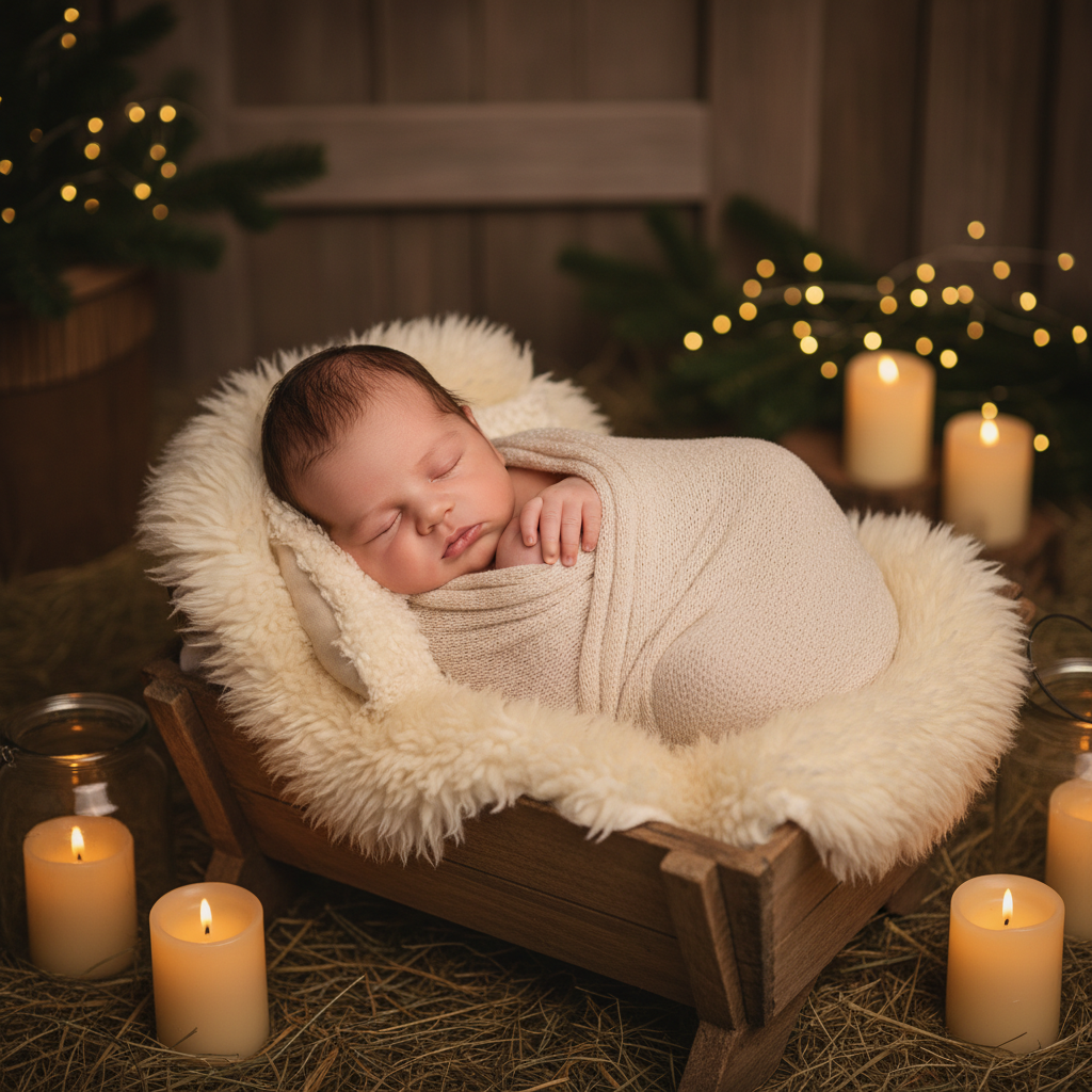 A gentle manger-inspired newborn Christmas photo concept.