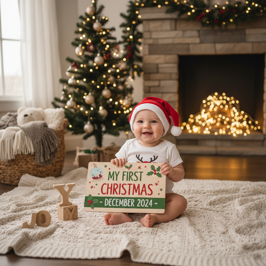 A baby's first Christmas milestone board photo concept.