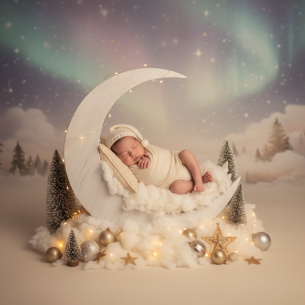 A dreamy newborn concept: sleeping on a moon prop with warm lights.
