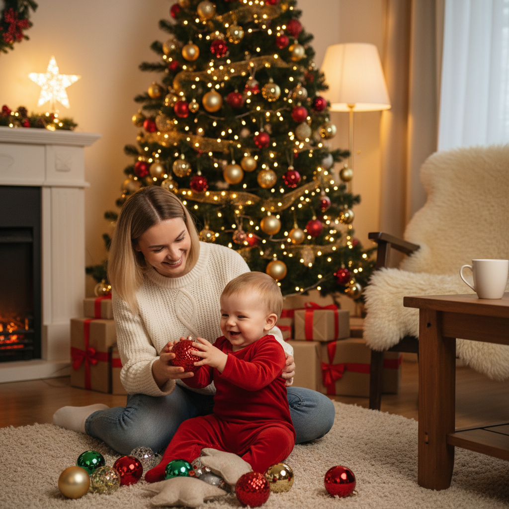 A baby sitter-session style photo: playing with safe ornaments.