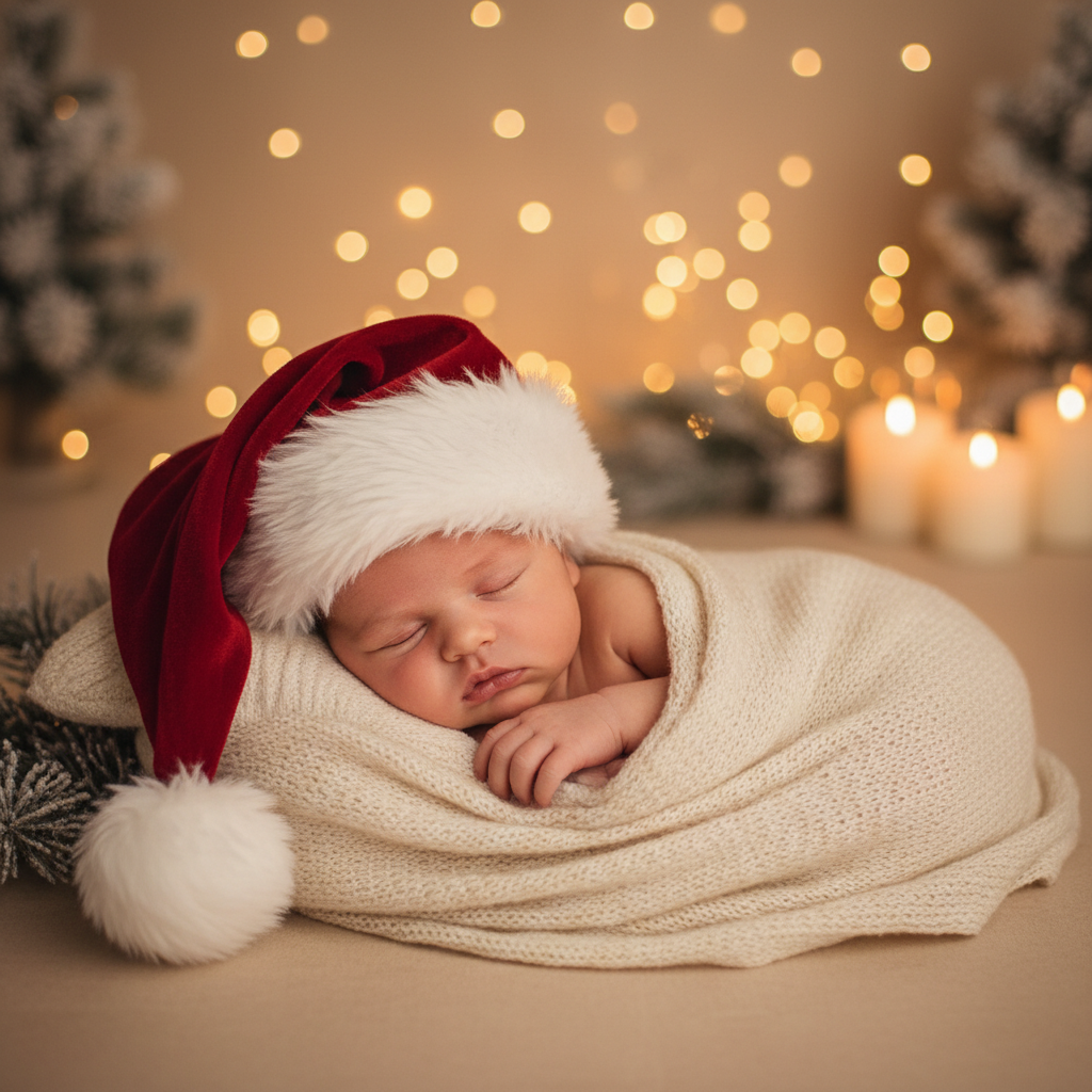 A cozy baby portrait wearing a soft Santa hat with warm lights.