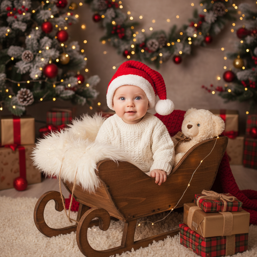 A 6-month sitter-session baby photo idea with a wooden sleigh.