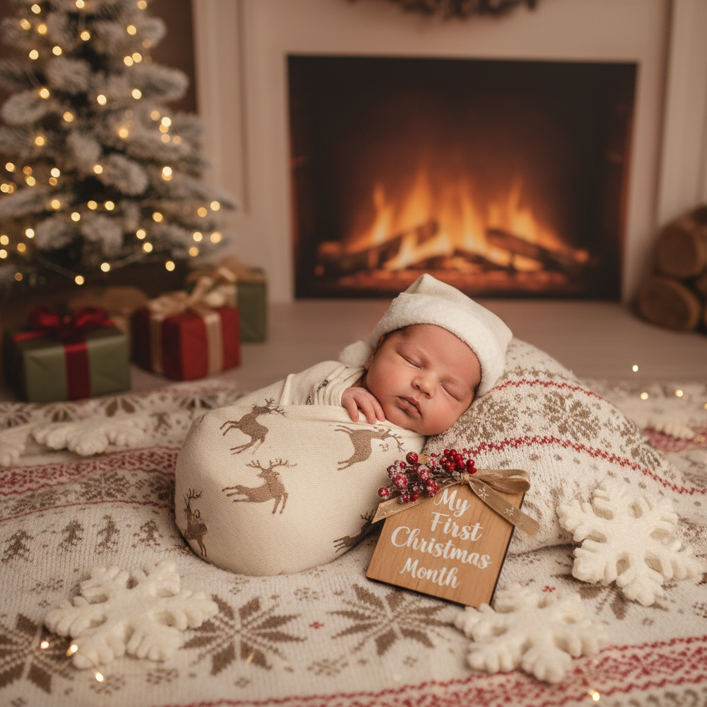 A baby milestone photo on a cozy snowflake knit blanket.