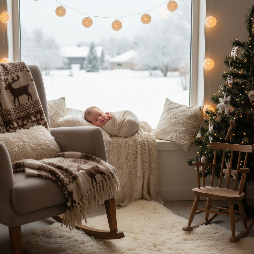 A cozy baby photo with snowfall outside the window and warm lights inside.