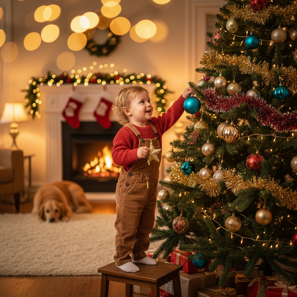 A toddler milestone moment: decorating the Christmas tree.