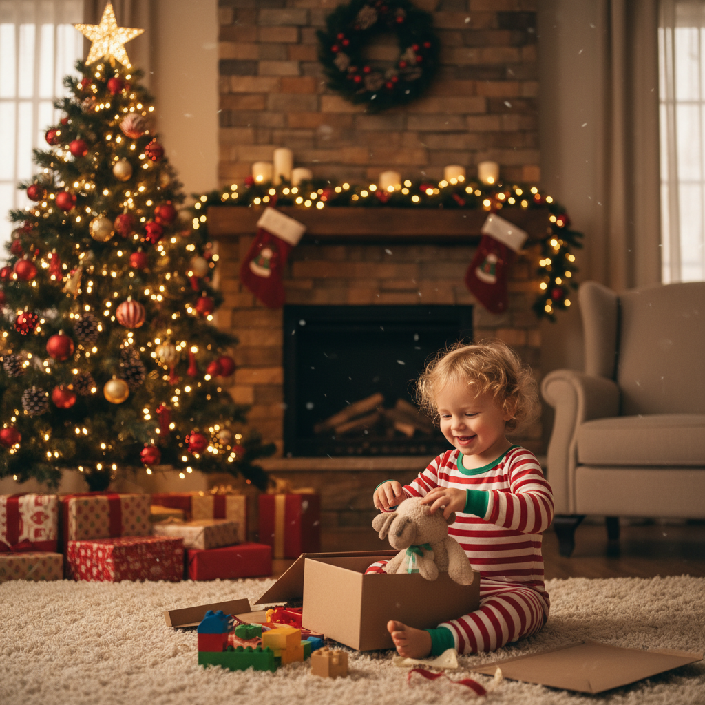 A toddler milestone Christmas moment: opening presents by the tree.