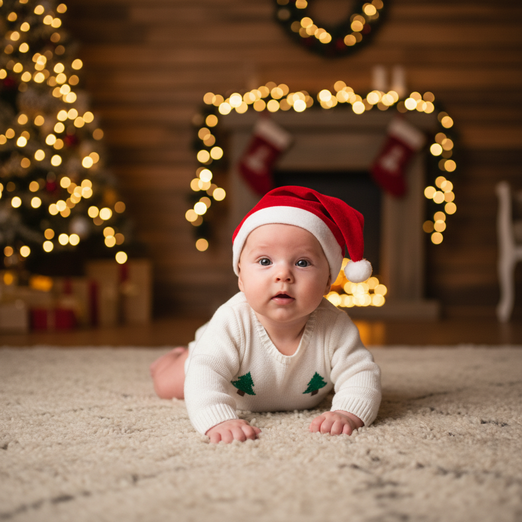 A 4-month tummy-time baby photo with soft Christmas lights.