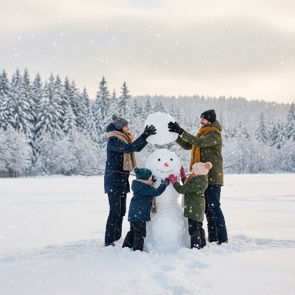 An outdoor family moment building a snowman in a winter wonderland.