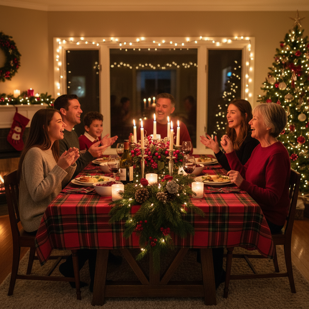 A cozy candlelight Christmas dinner scene with warm glow.