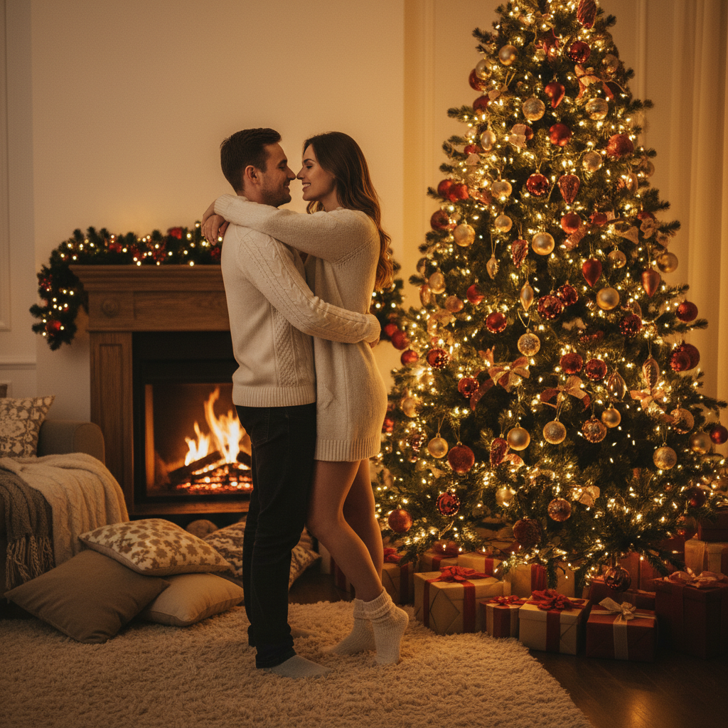 A romantic couple holiday portrait by a decorated Christmas tree.