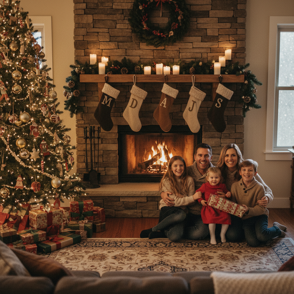 A warm family portrait by the fireplace with Christmas decor.