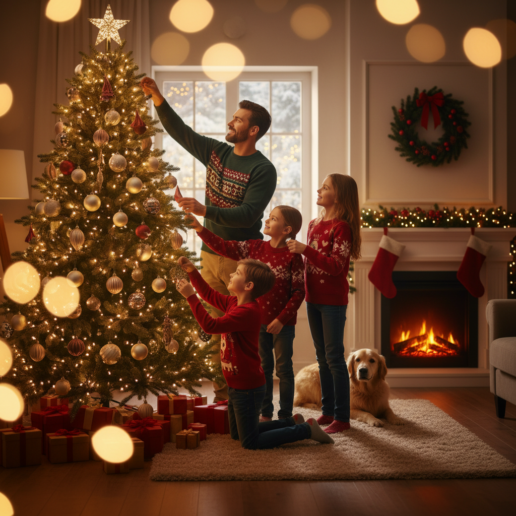 A candid family moment: decorating the Christmas tree together.