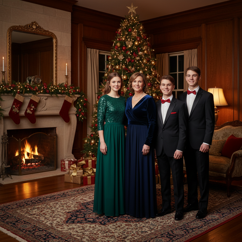 A formal holiday family portrait with elegant decor and warm lighting.