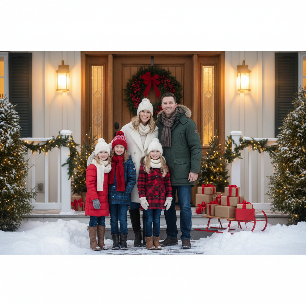 A family portrait at the front door with a Christmas wreath.