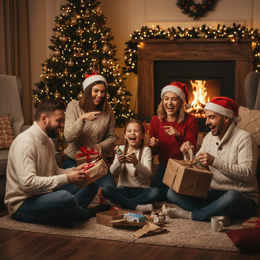 A candid Christmas gift exchange moment with warm cozy vibes.