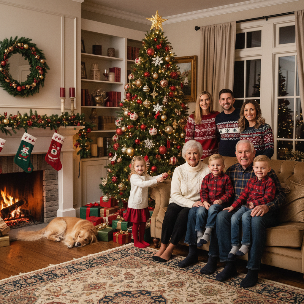 A multigenerational Christmas portrait with grandparents and kids.