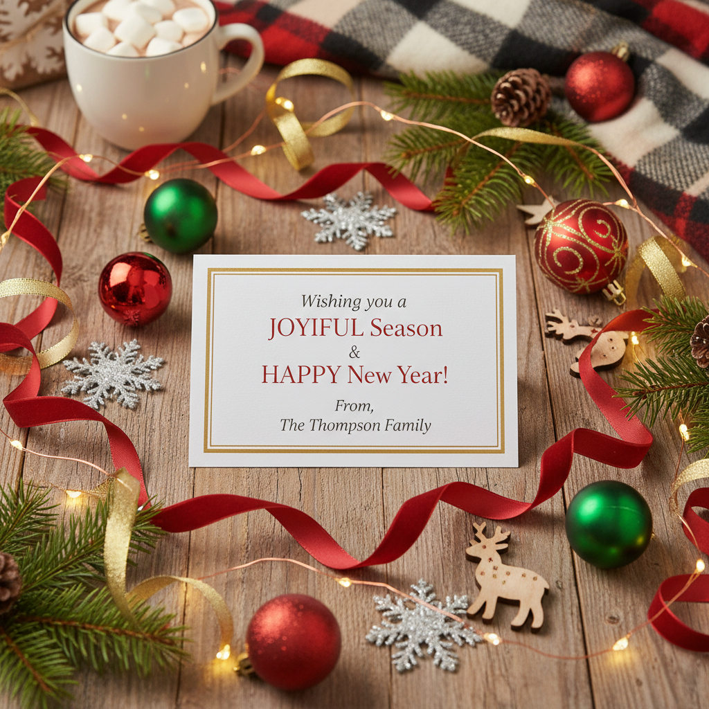 A family holiday card concept in a warm, festive flat lay.