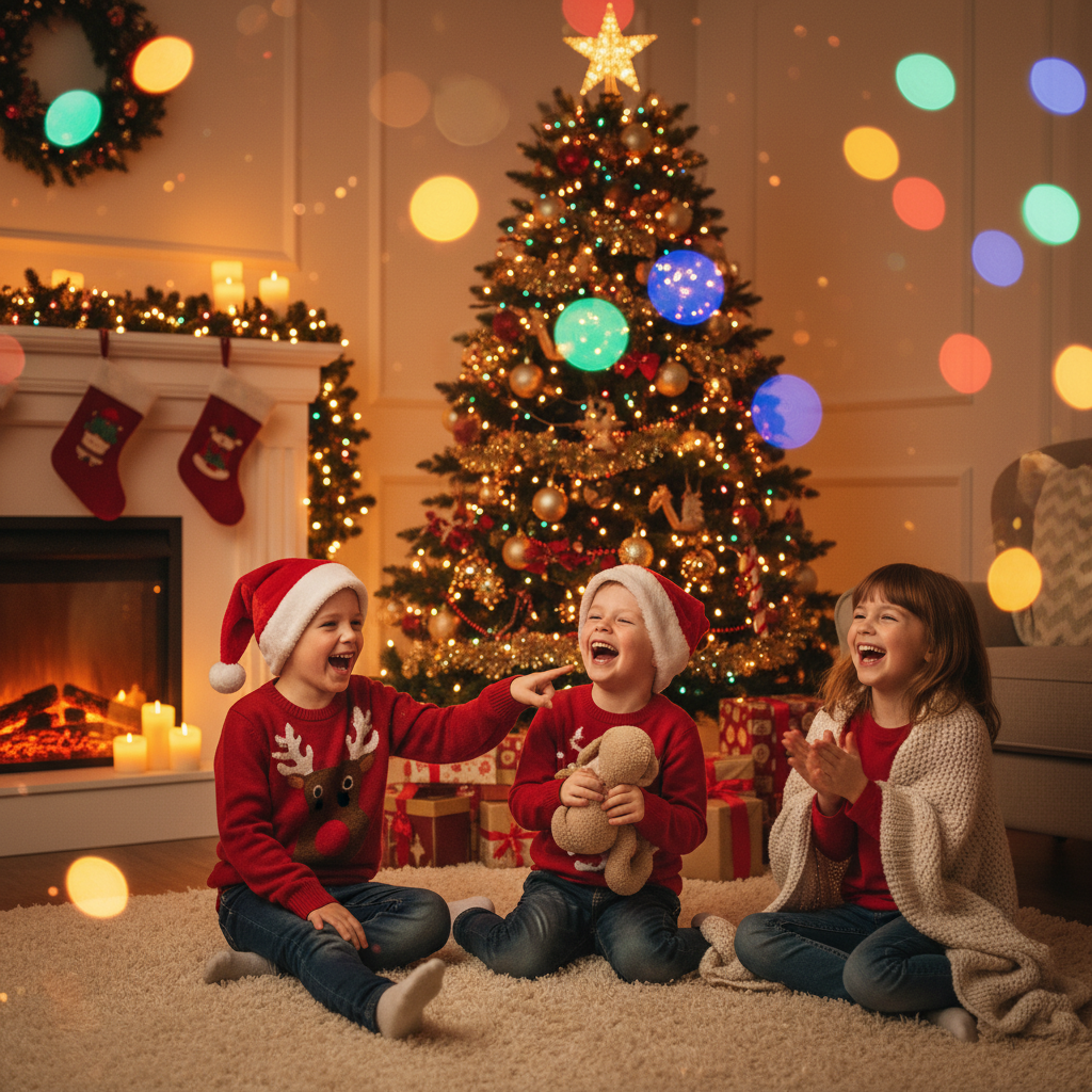 A joyful, candid kids moment by the Christmas tree.