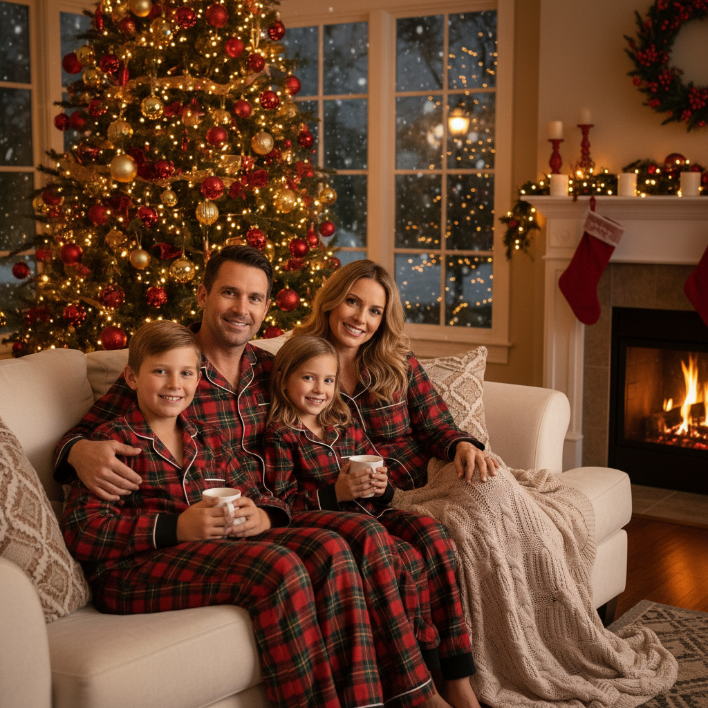 Perfect cards with matching pajamas, cozy indoor scenes, snowy outdoor vibes—pets included.