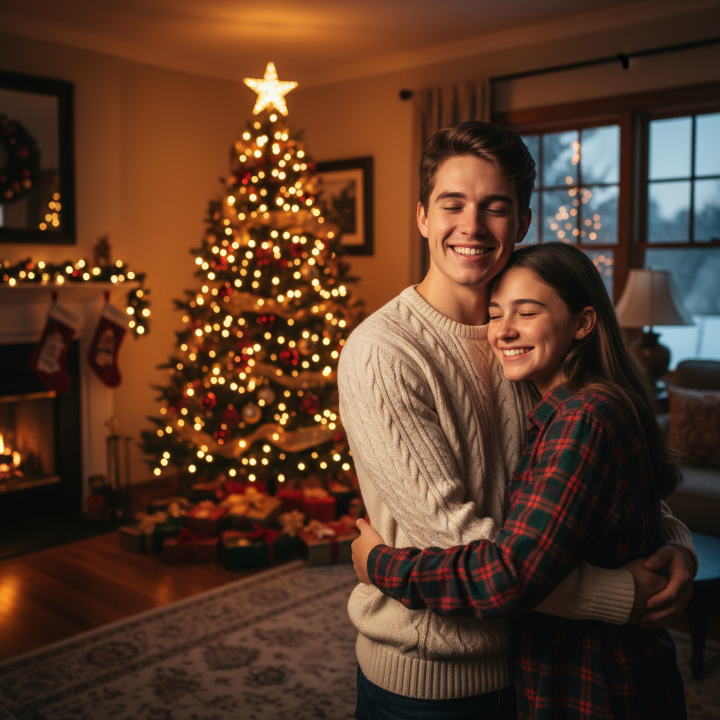 A heartwarming siblings hug in front of the tree.