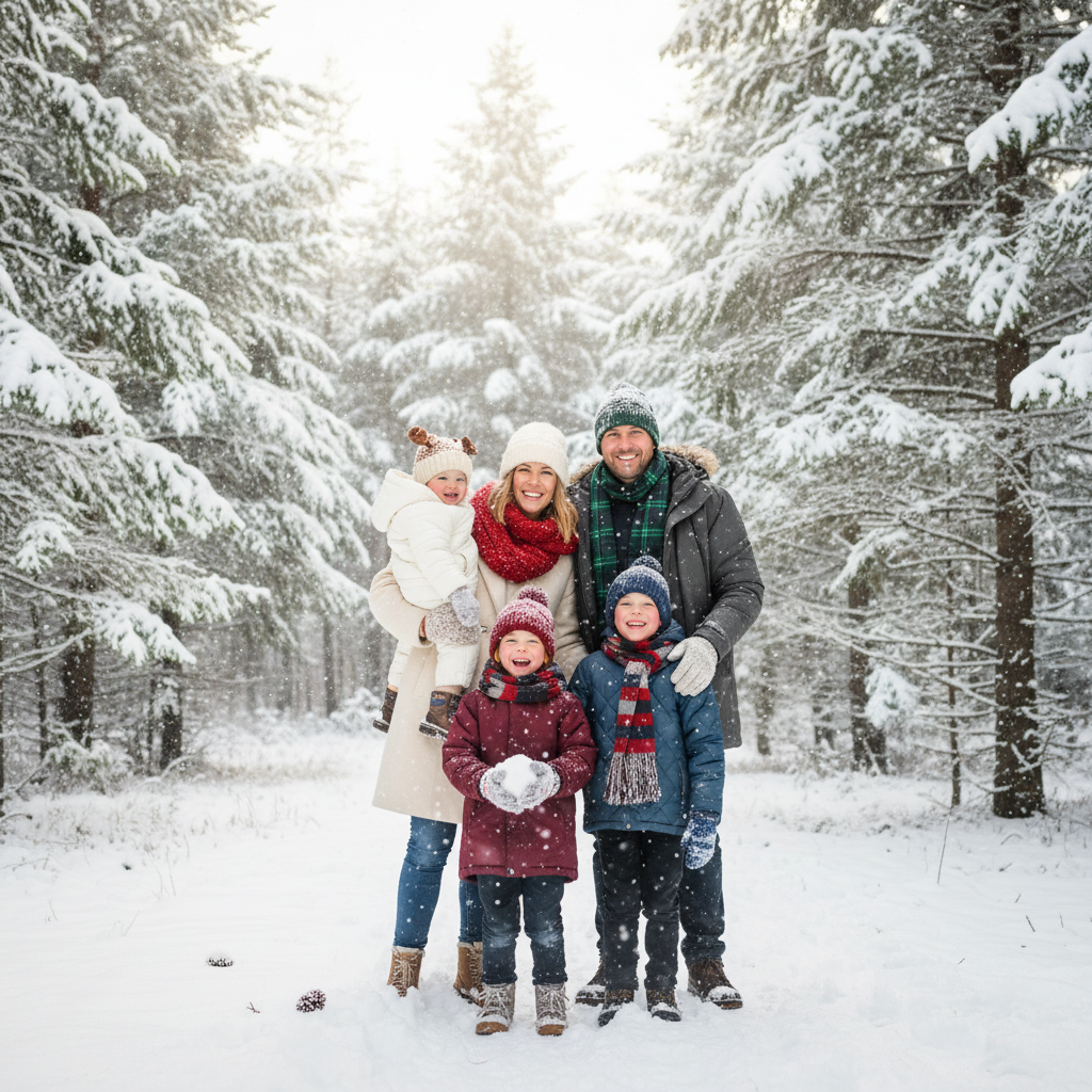 A winter wonderland family portrait with falling snow and pine trees.