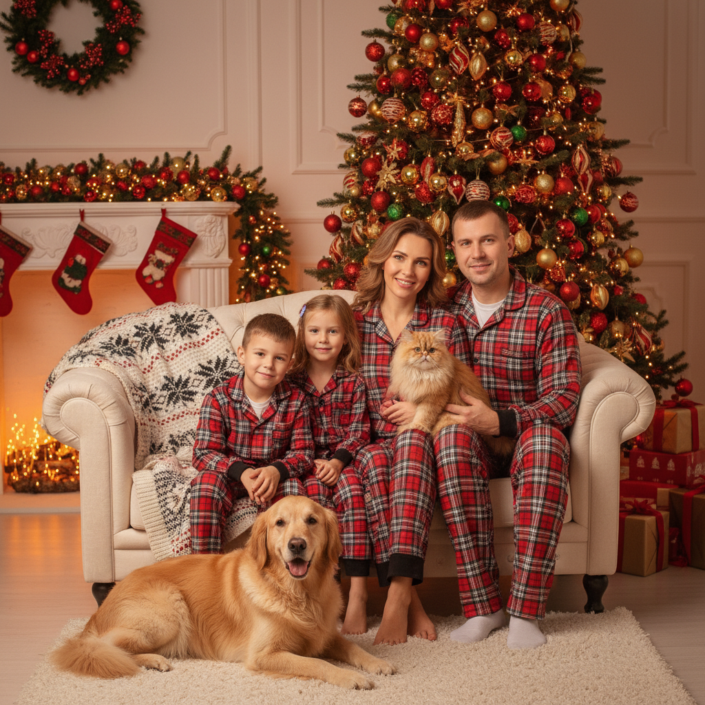 A cozy family Christmas portrait with pets included.