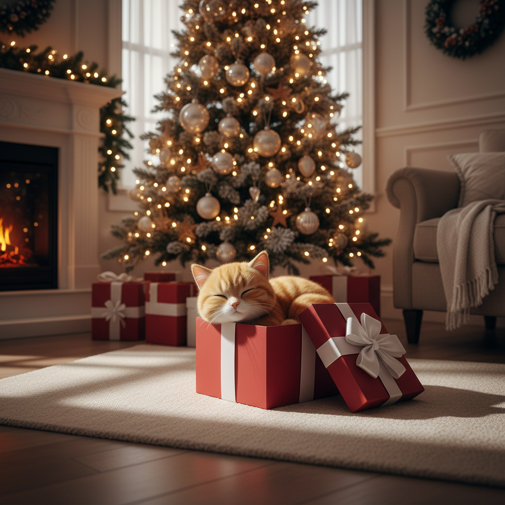 A cute cat sitting in a gift box under the Christmas tree.