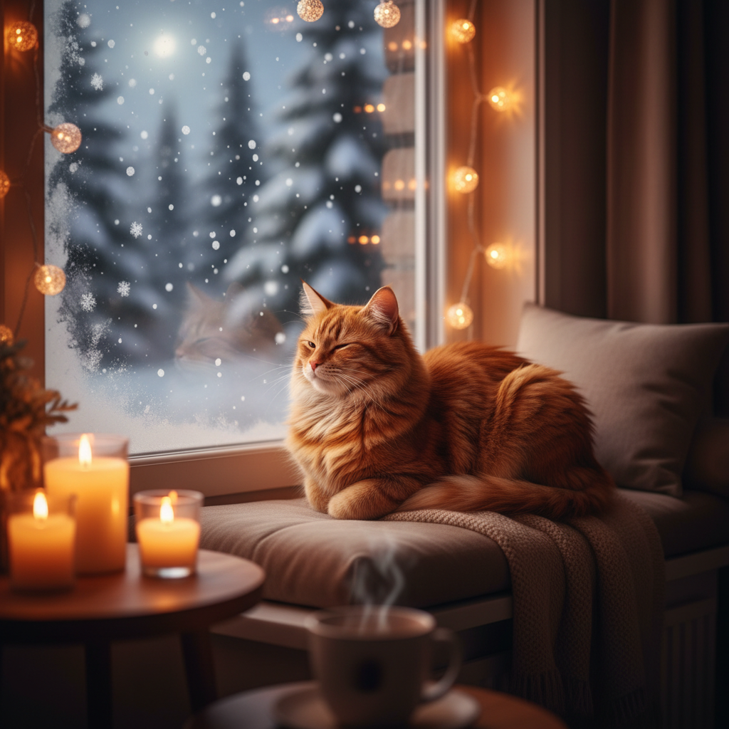 A cozy cat photo by a snowy window with Christmas lights.