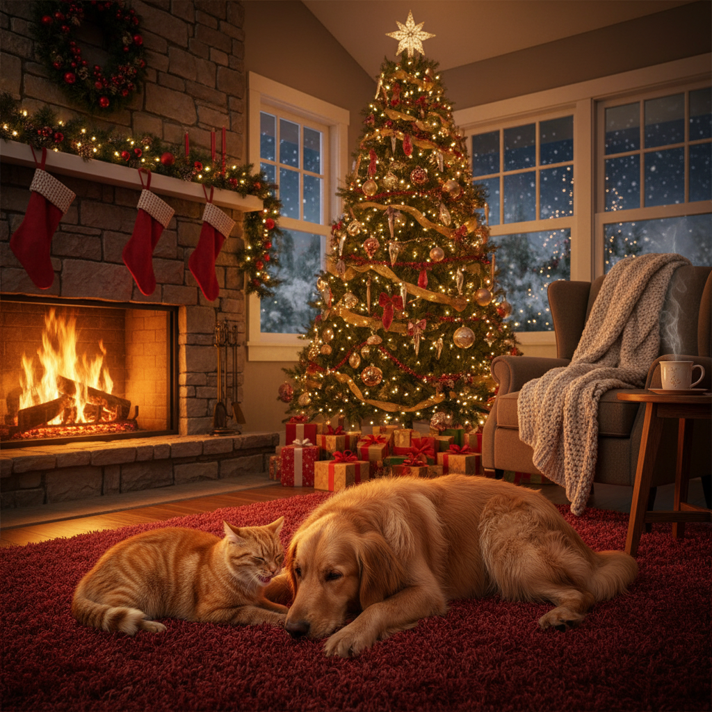 A cozy Christmas scene with a dog and a cat by the fireplace.