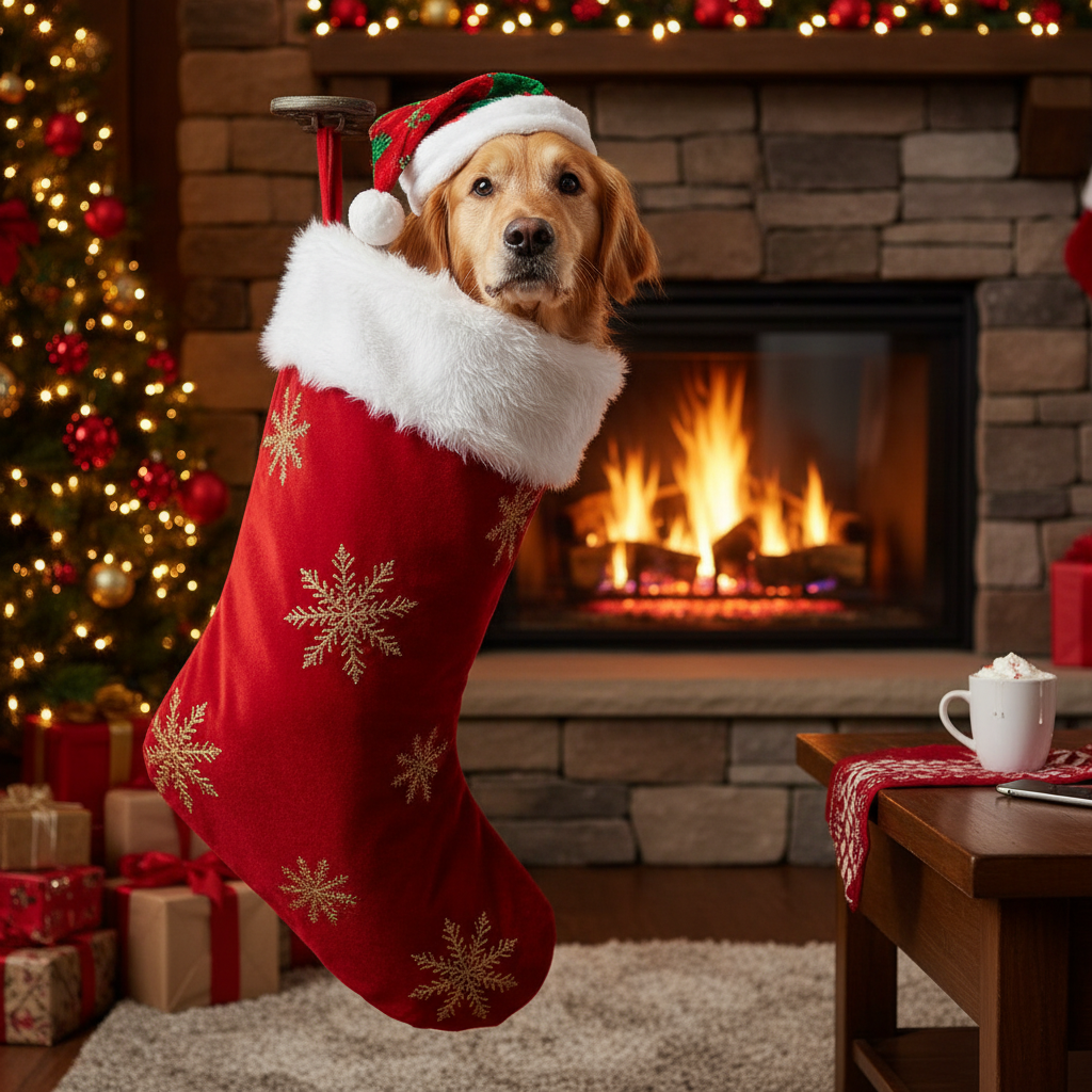 A funny dog Christmas photo: dog peeking out of a giant stocking.