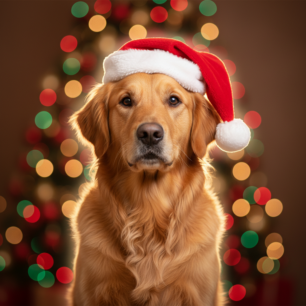 A calm studio portrait of a dog wearing a Santa hat with holiday bokeh lights.