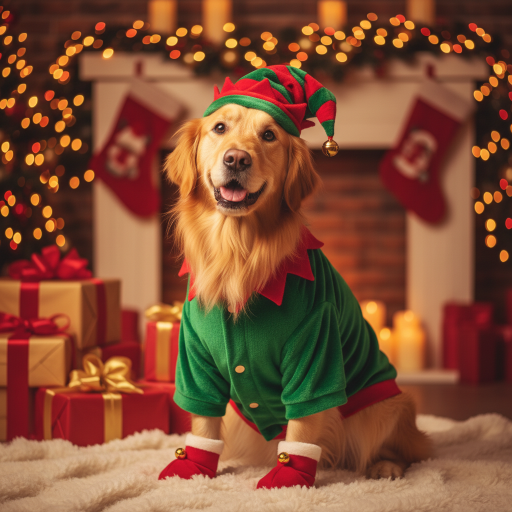 A calm holiday portrait of a pet wearing a cute elf outfit.