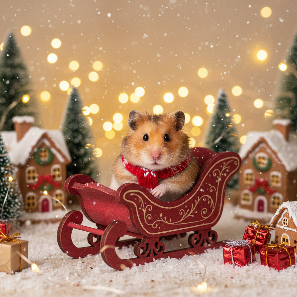 A tiny hamster in a miniature sleigh with festive decor.