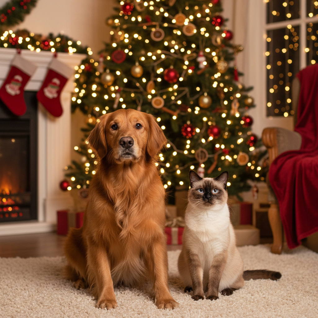 A holiday portrait featuring multiple pets together in one frame.
