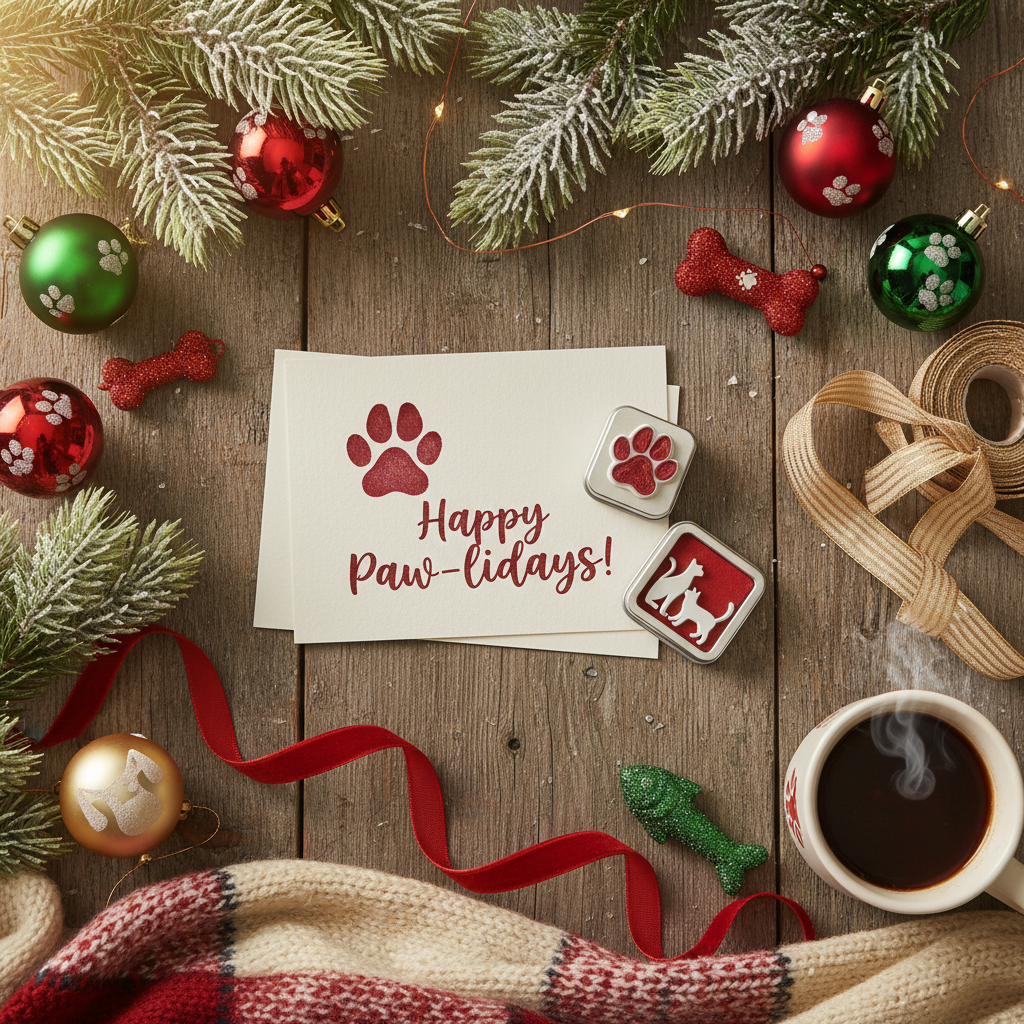 A flat-lay holiday card concept with pawprints and festive props.