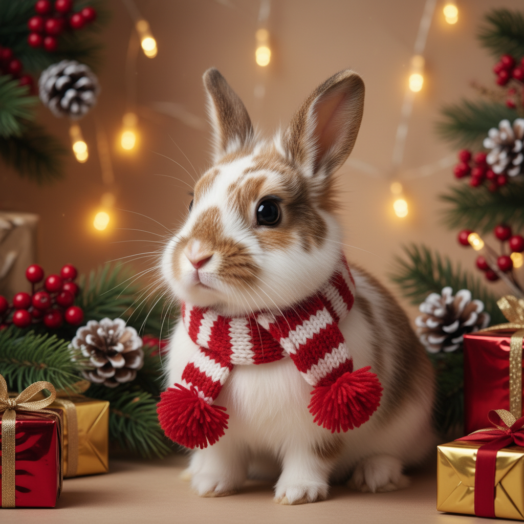 A cute rabbit portrait with a cozy scarf and holiday decor.