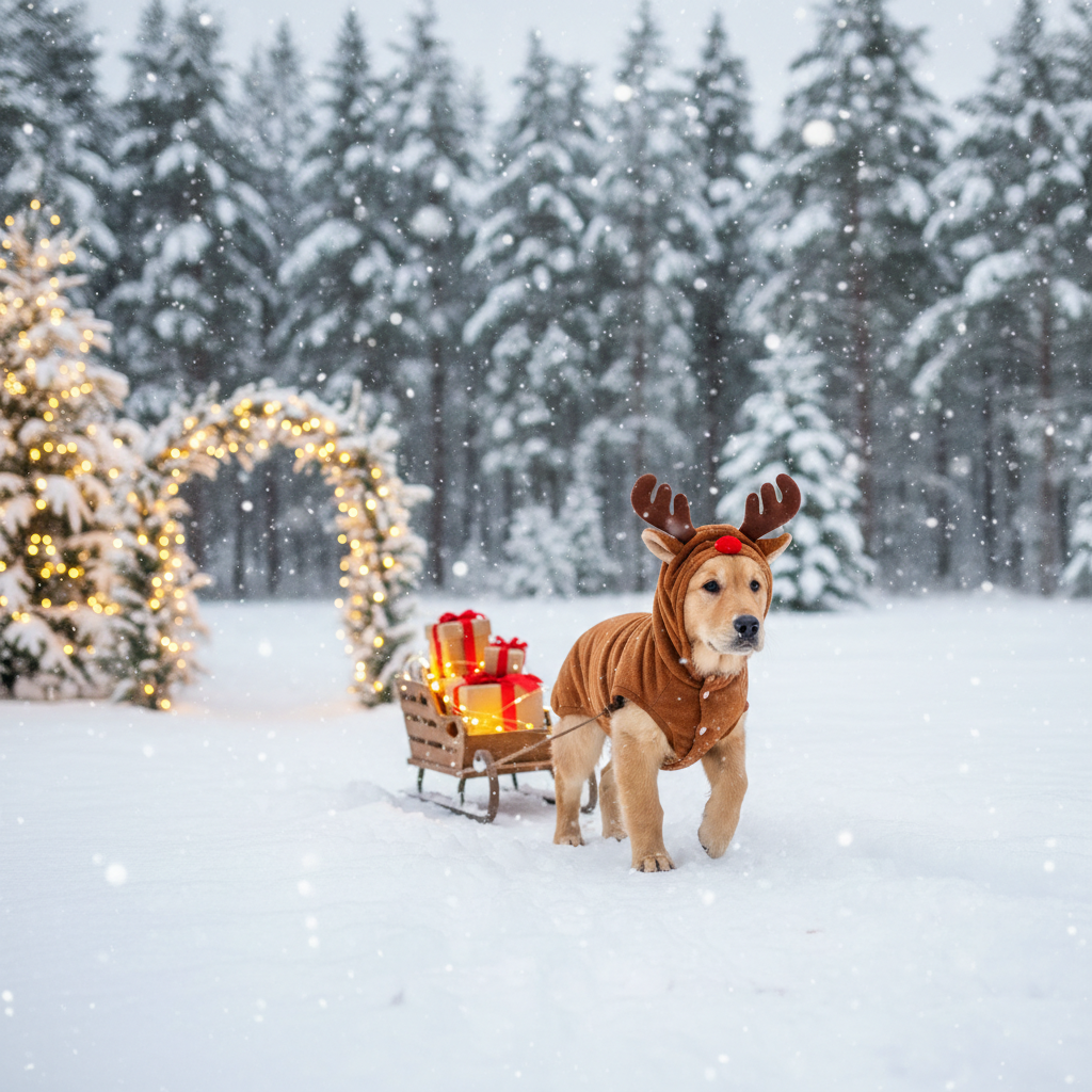 A dog dressed as a reindeer pulling a tiny sleigh in a snowy scene.