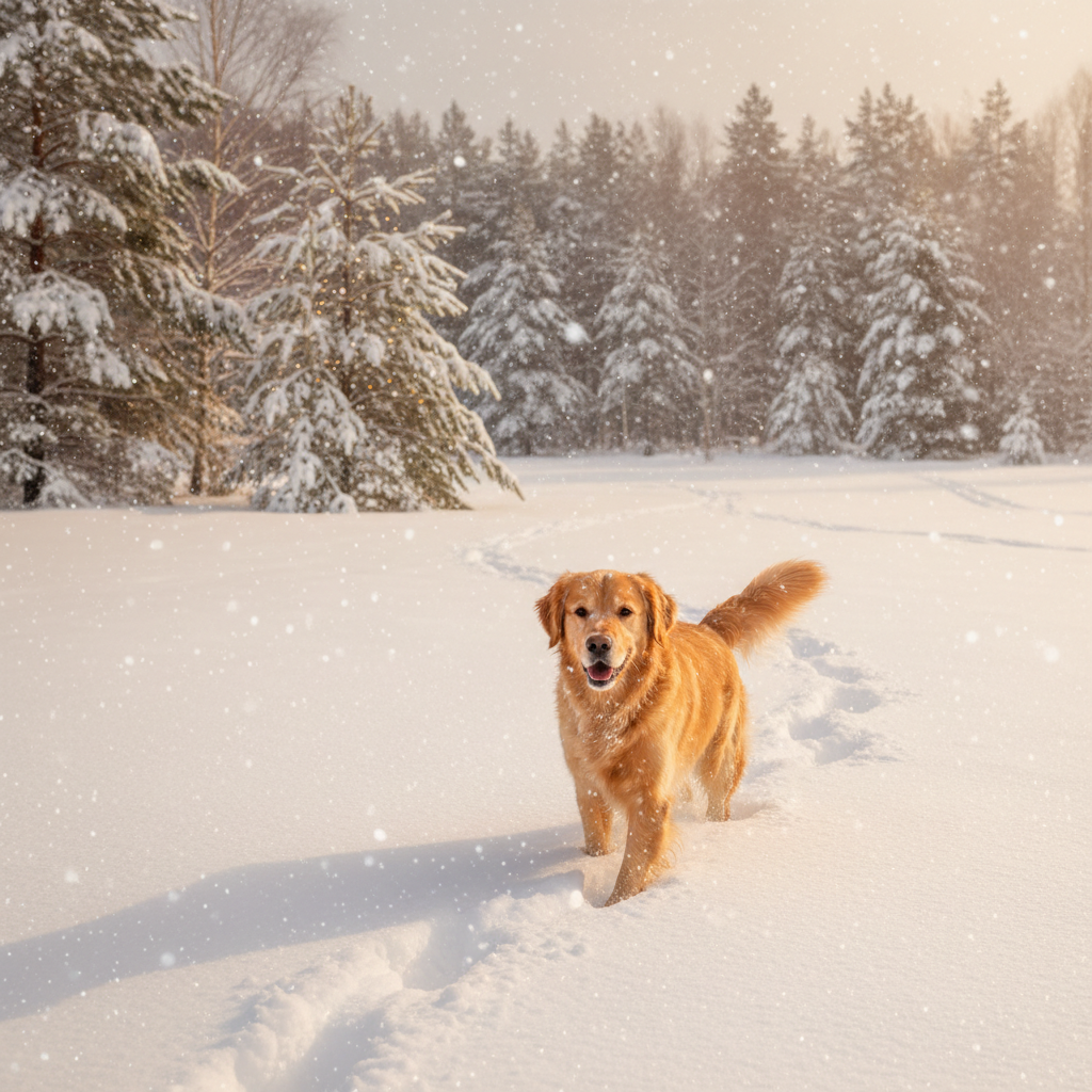 A winter scene with a pet leaving pawprints in fresh snow.