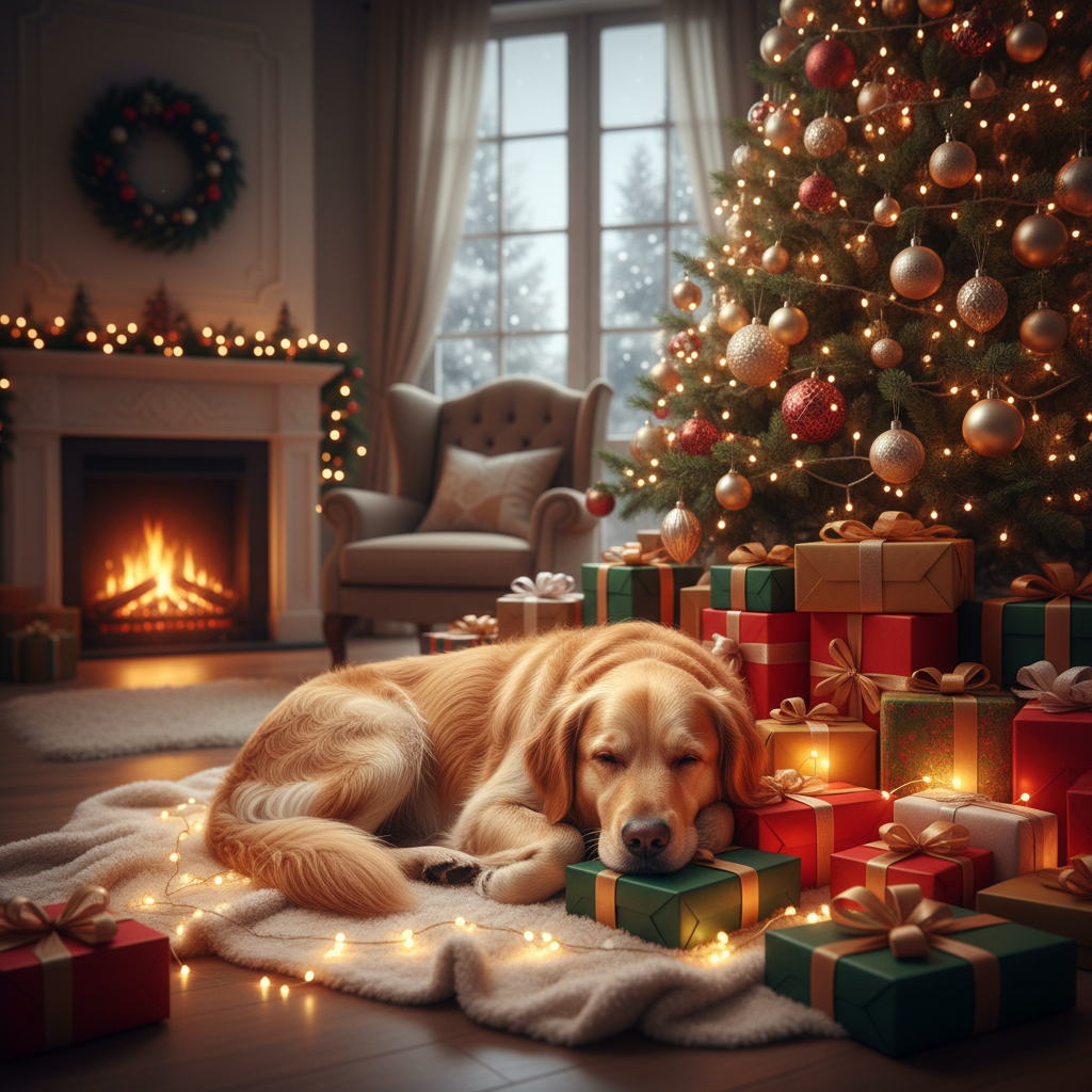 A cozy pet photo under the Christmas tree with gifts and warm lights.