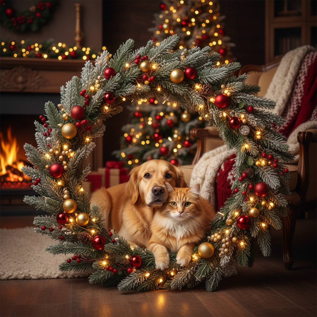 A pet portrait framed with a Christmas wreath and warm lights.
