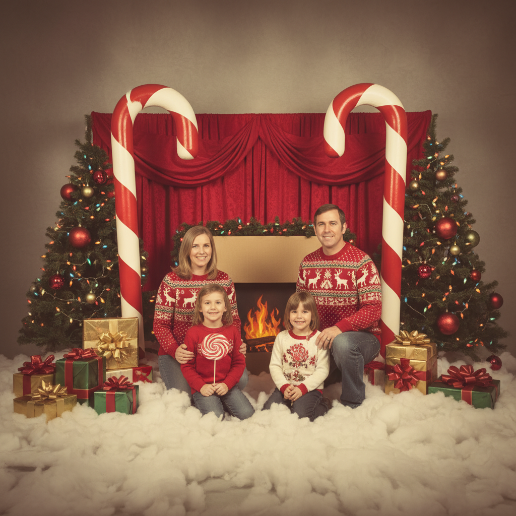 Cheesy retro mall studio portrait with giant candy cane props.