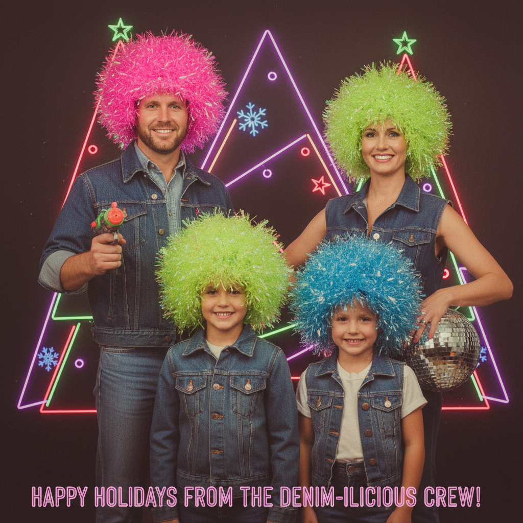 Denim-on-denim retro family holiday card with tinsel wigs and neon backdrops.