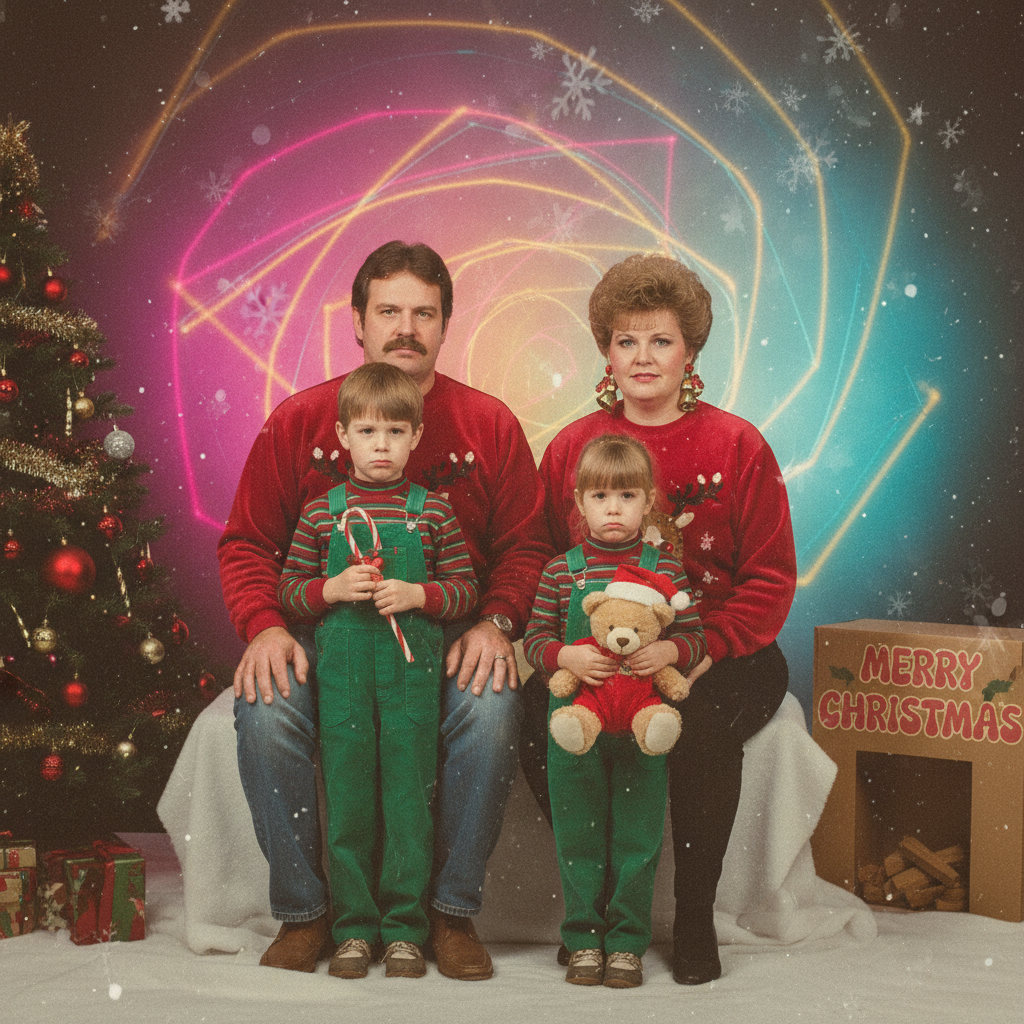 Retro 80s mall studio portrait with subtle double exposure effect.