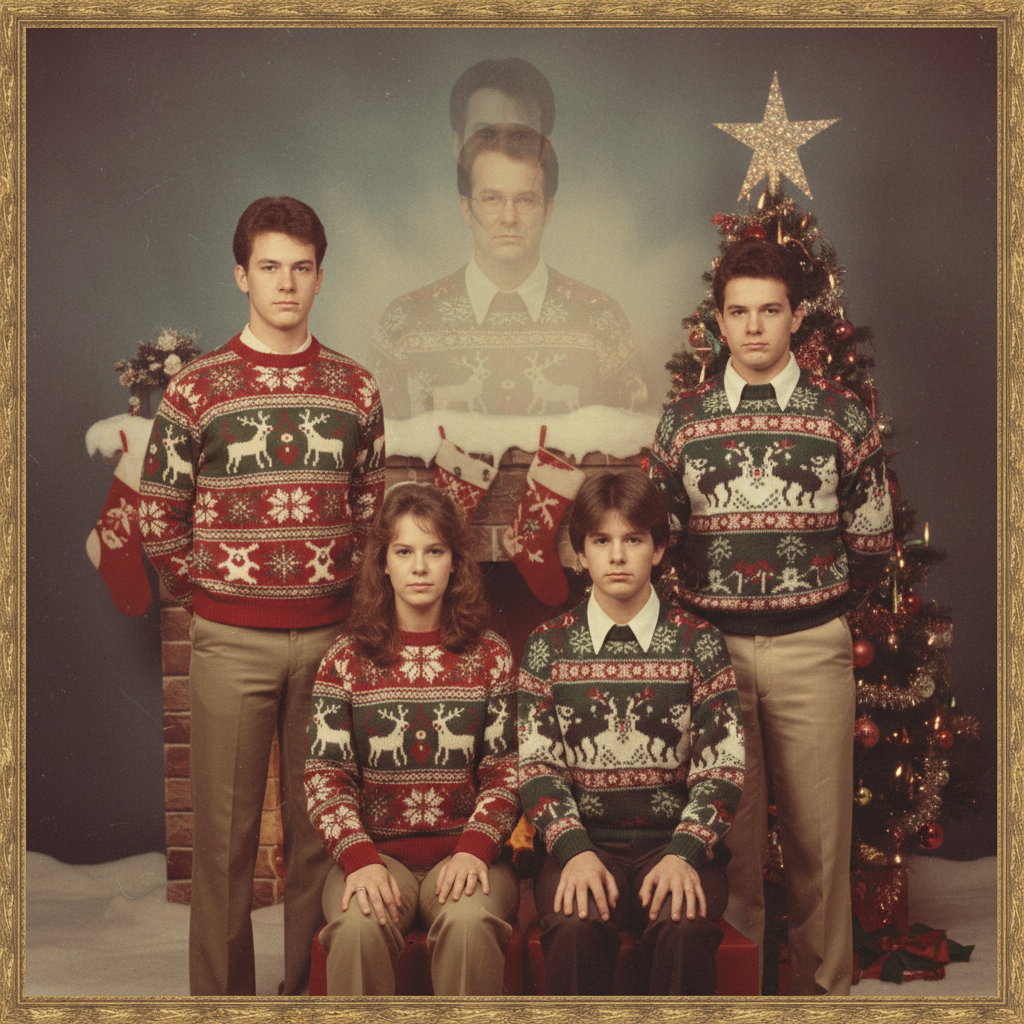 A funny retro holiday portrait with a classic floating-head double exposure.