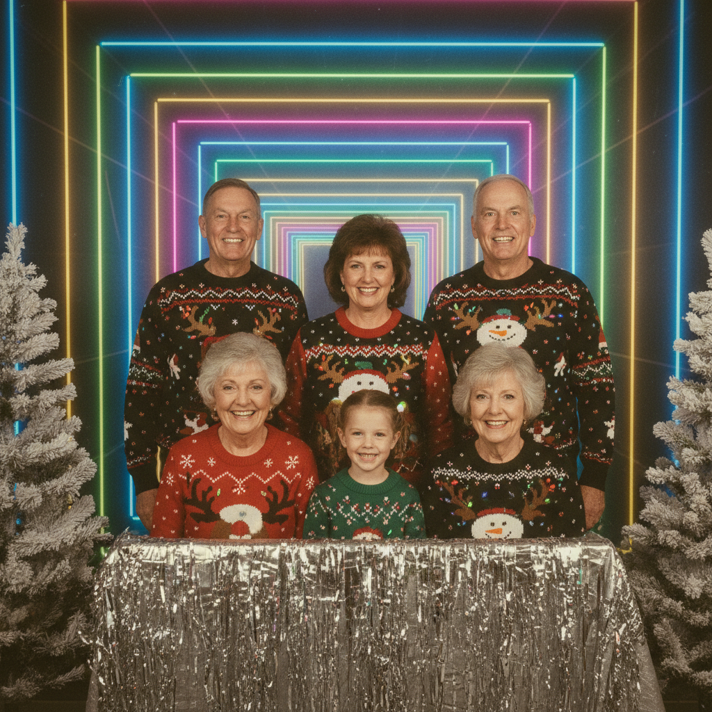 Awkward retro family portrait with an iconic neon laser backdrop.
