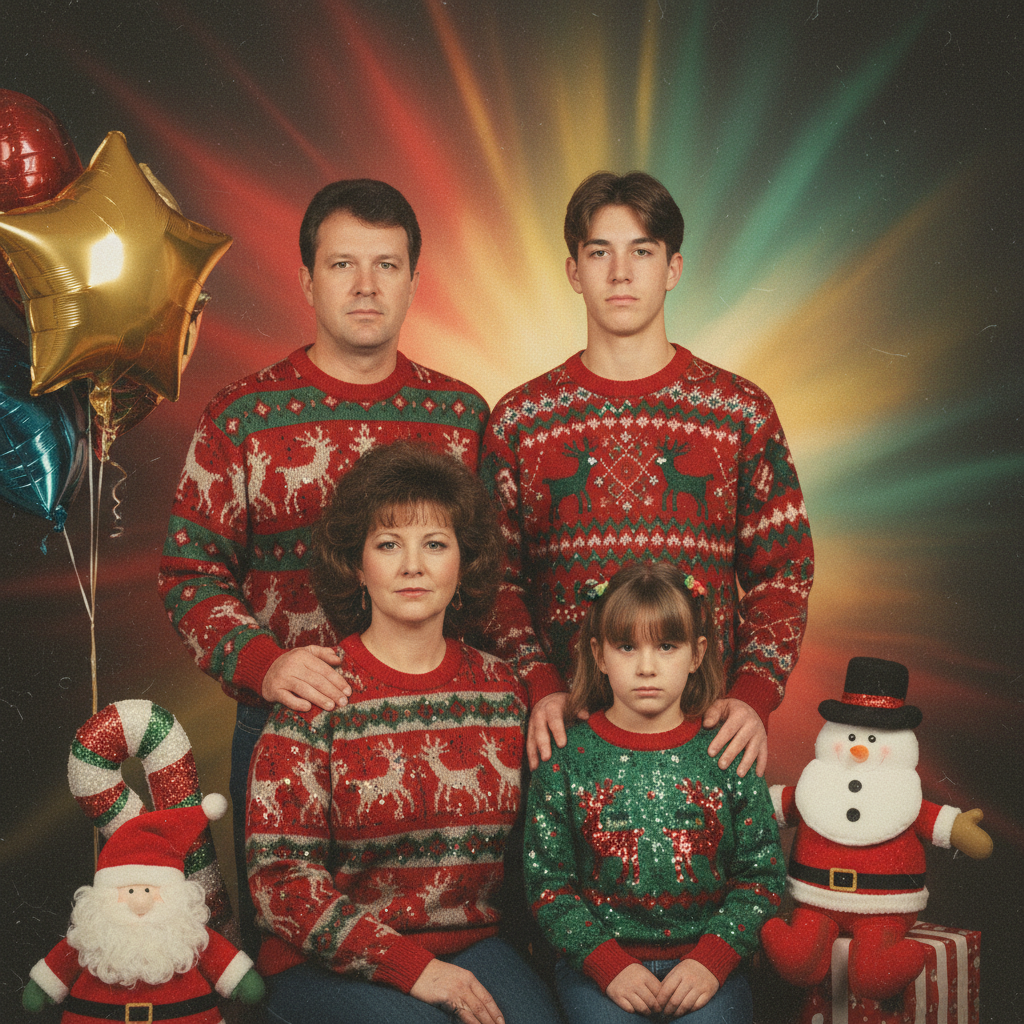 80s mall studio vibes, awkward poses, ugly sweaters, and viral weird scenes.